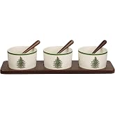 Spode Christmas Tree Condiment Bowl, Set of 7 - Ceramic, Acacia Wood Tray | 3 Bowls with Matching Wooden Spoons - 15" Server for Dips, Sauces, Nuts, Dried Fruit, Seasonings &amp; Toppings