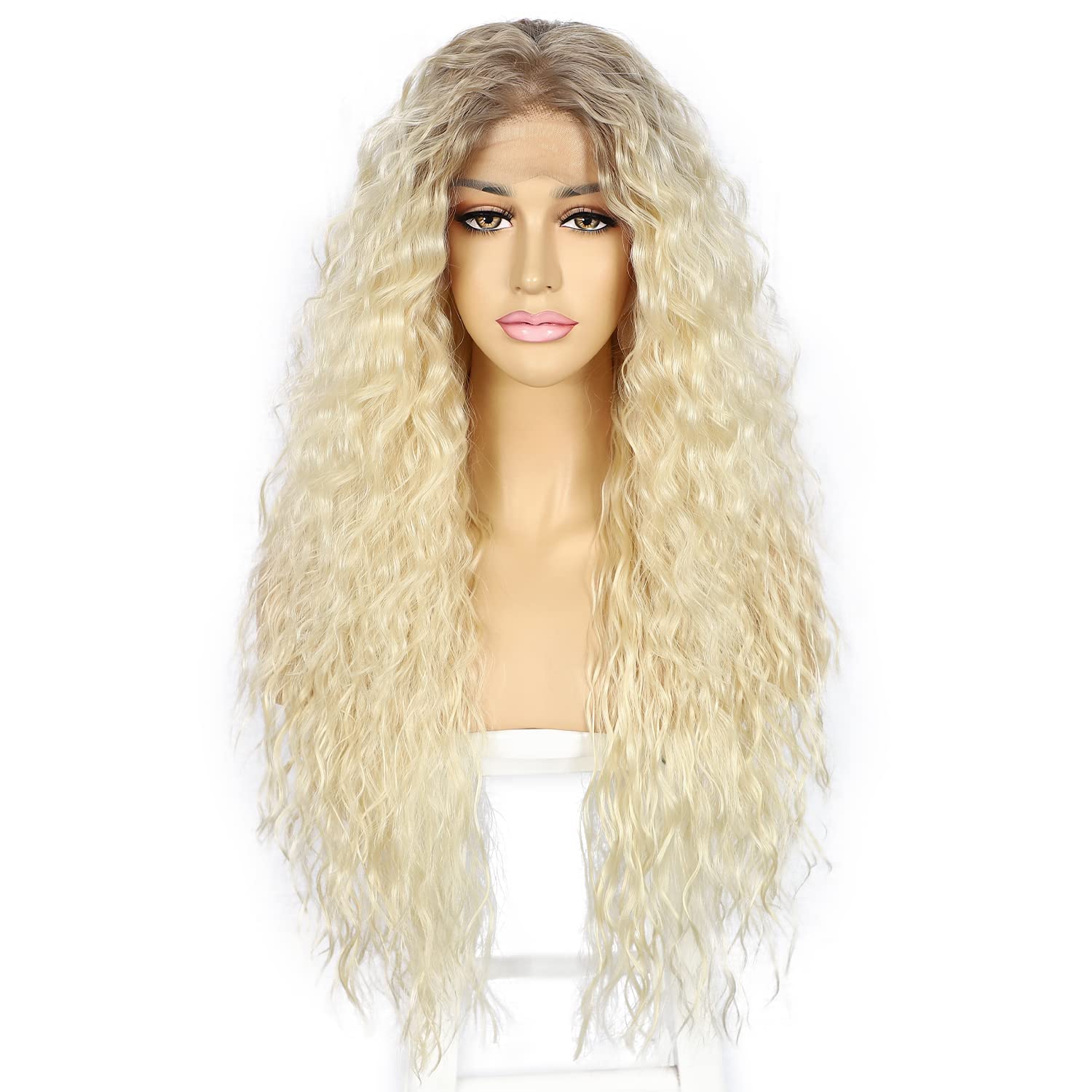 Sapphirewigs Curly Lace Front Wig 613 Blonde Curly Synthetic Wigs for Women 13x3 Daily Wear Party Christmas Halloween Heat Resistant 26 inch
