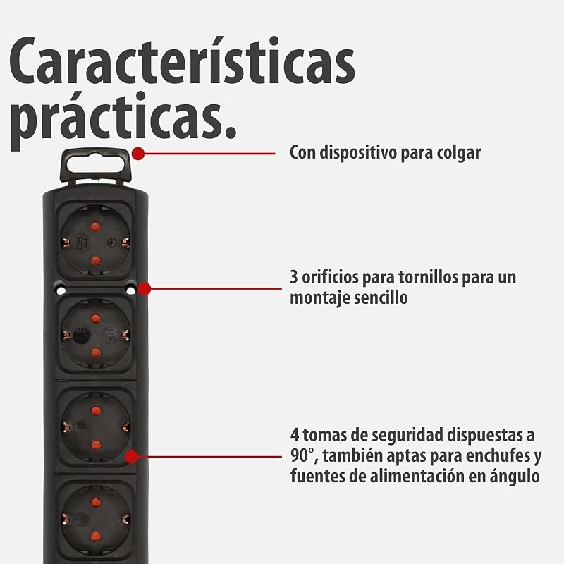 Comfort Line regleta de enchufes con 4 Tomas de Corriente para Montaje (Cable de 2 m, Interruptor Iluminado, montable, Enchufe Plano) Negro