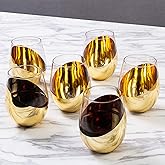 MyGift Modern Stemless Wine Glass Set of 6, White or Red Wine Glasses with Brass Metallic Bottom Angled Design