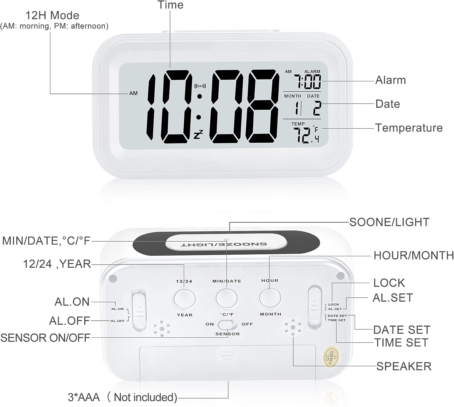 SZELAM Battery Digital Alarm Clock,LCD Clock Electronic for Bedroom Home Office ,with Date,Indoor Temperature,Snooze Light,Small-Sized,Backlight-White: Kitchen & Dining