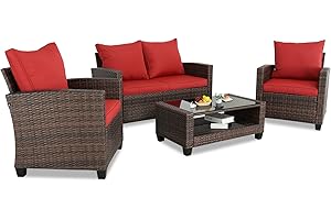 Do4U 4 Pieces Patio Furniture Sets Outdoor Sectional Wicker Set Outdoor Conversation Set Patio Set Patio Loveseats with Coffee Table Porch, Poolside, Terrace, and Yard (Z-Red, Set of 4)
