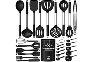 Silicone Kitchen Utensils Set, Umite Chef Large Heat Resistant Cooking Utensil, 26Pcs Silicone Spatulas Set, Stainless Steel Handle, Black Kitchen Gadgets Tools Set for Nonstick Cookware