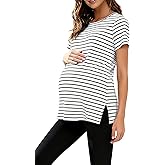 WOOXIO Women's Maternity Shirts Short Sleeve Split Hem Pregnancy Tops Clothes