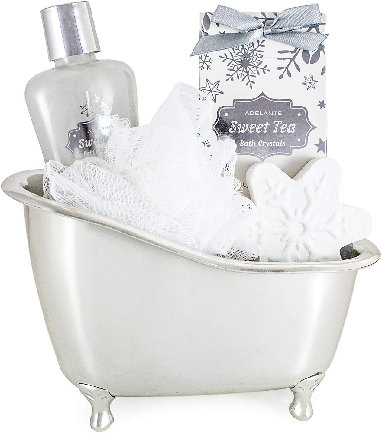 BRUBAKER 6 Pcs Beauty Gift Set 'Sweet Tea' - with Silver Bathtub, Body Lotion, Bath Fizzer, Shower Gel, Bath Crystals & Sponge - Beauty Spa Set