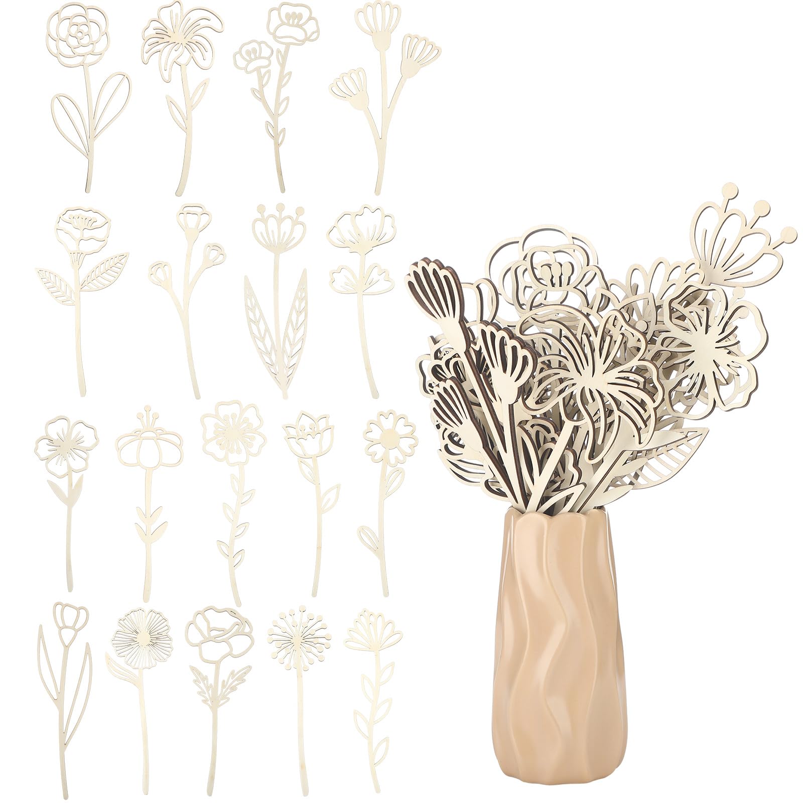 Photo 1 of RattanView 36 Pcs Wooden Wildflower Decor Set Wood Flowers Cutout Signs Wildflowers Stems Laser Cut Flowers for Home Birthday Mothers Day Gift Holiday Art DIY Decoration (10 Inch)