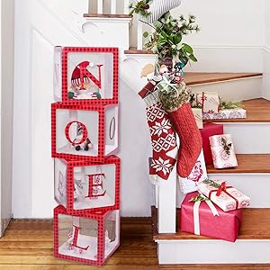Christmas Decorations Red and Black Buffalo Plaid Transparent Noel Box Noel Blocks Decorations for Holiday Party Decorations, Home Decor, Fireplace Decor by QIFU