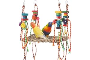 AFUOWER Bird Toys, Bird Foraging Wall Toy, Parrot Chewing Toys Seagrass Woven Hammock Swing Mat Toys with Colorful Ropes Wooden Blocks for Parakeets, Lovebirds, Cockatiels, Conures (Hammock Swing)