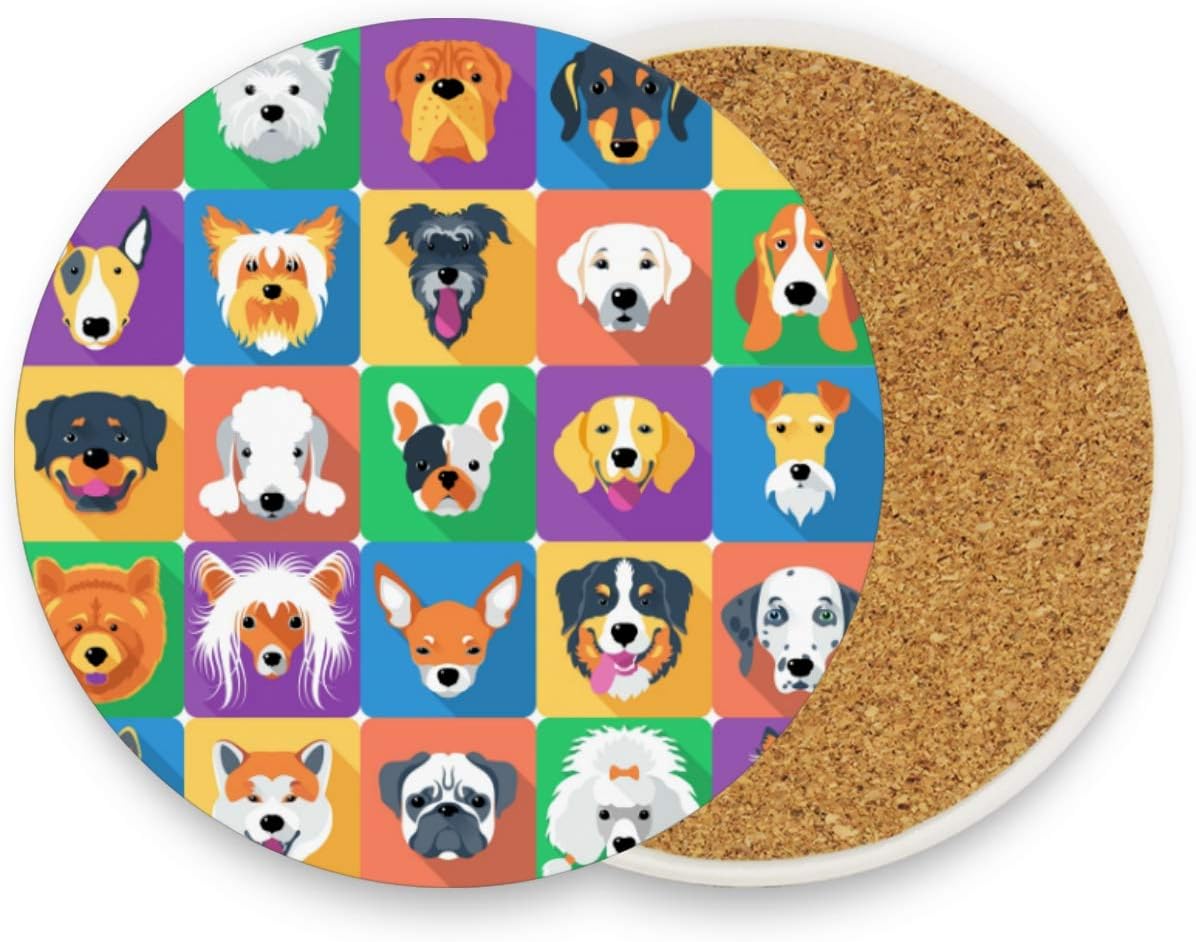 visesunny Unique Design Dog Icon Pattern Coaster Moisture Absorbing Stone Coasters with Cork Base for Tabletop Protection Modern Coffee Mug Glass Cup Place Mats for Cold Drinks, 2 Pieces