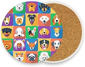 visesunny Unique Design Dog Icon Pattern Coaster Moisture Absorbing Stone Coasters with Cork Base for Tabletop Protection Modern Coffee Mug Glass Cup Place Mats for Cold Drinks, 2 Pieces