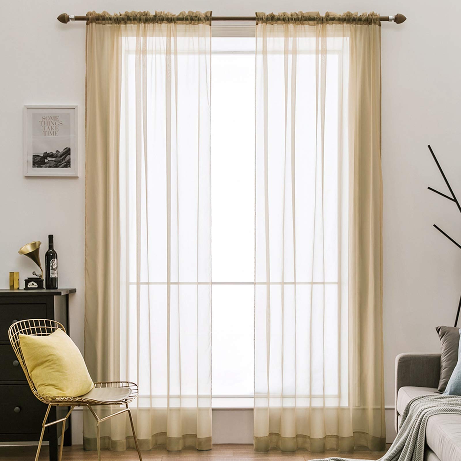 MIULEE 2 Panels Solid Color Sheer Window Curtains Smooth Elegant Window Voile Panels/Drapes/Treatment for Bedroom Living Room Light Brown 55" Wx96 L, Rod Pocket