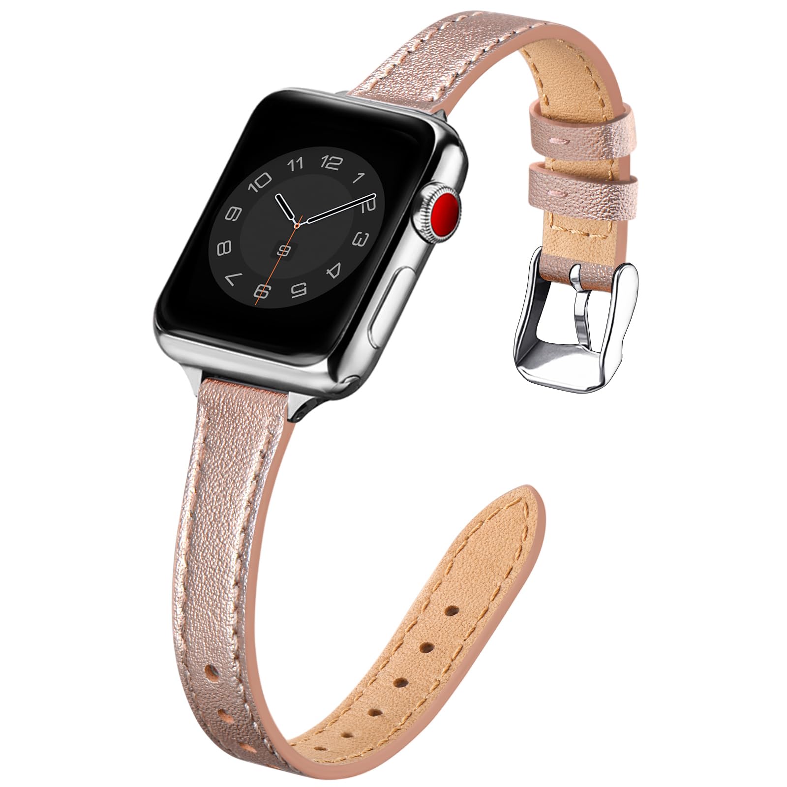 SUNFWR Compatible with Apple Watch Strap 42mm 44mm 45mm,Genuine Leather Strap Replacement,Slim&Thin Wristband for iwatch Series 7/6/5/4/3/2/1,SE(42mm 44mm 45mm,Rosegold&Silver)