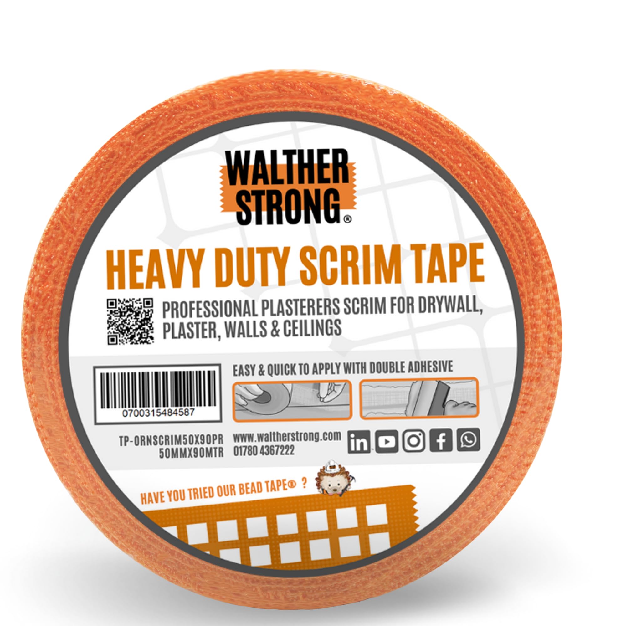 Walther Strong - HD Orange Scrim Tape - Plasterboard Tape, Mesh Tape - Available in 50MM, 75MM & 100MM Widths (50MM x 90M)