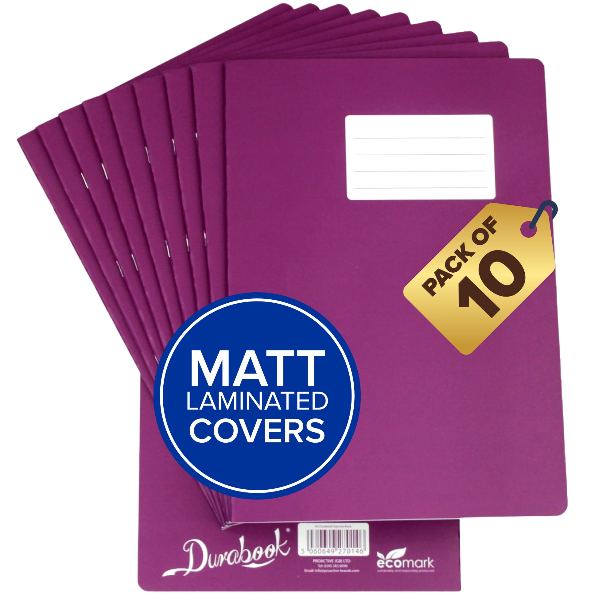 Durabook A4 8mm F&M Purple Exercise Books Pack of 10, 80 Page School Exercise Book, Durable Matt Laminated Water-Resistant Cover, Ruled & Margin Notebook A4 Paper, Learning Resources, School Supplies