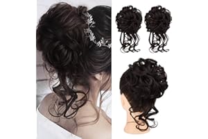 HOOJIH 2PCS Messy Bun Hair Piece, Tousled Updo with Tendrils Hair Bun Extensions Wavy Curly Hair Wrap Ponytail Hairpieces Hair Scrunchies for Women HB010 Dasiy - Dark Brown