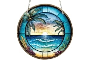 ZZHAOYI 11.8'' Seascape Acrylic Window Hangings Sunrise Acrylic Hanging Sea Wave Stained Draw Wall Decor for Indoor Outdoor Home Decor (Seascape)