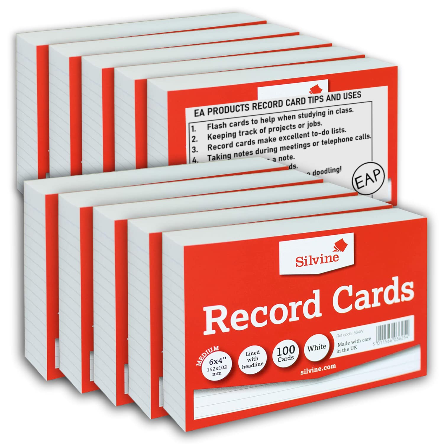 Silvine Record Card Bulk Pack of 1000 | 10 x 100 6x4” White Lined with Headline Record Cards – Size Medium 152 x 102mm – A6 with EAP Hints and Tips