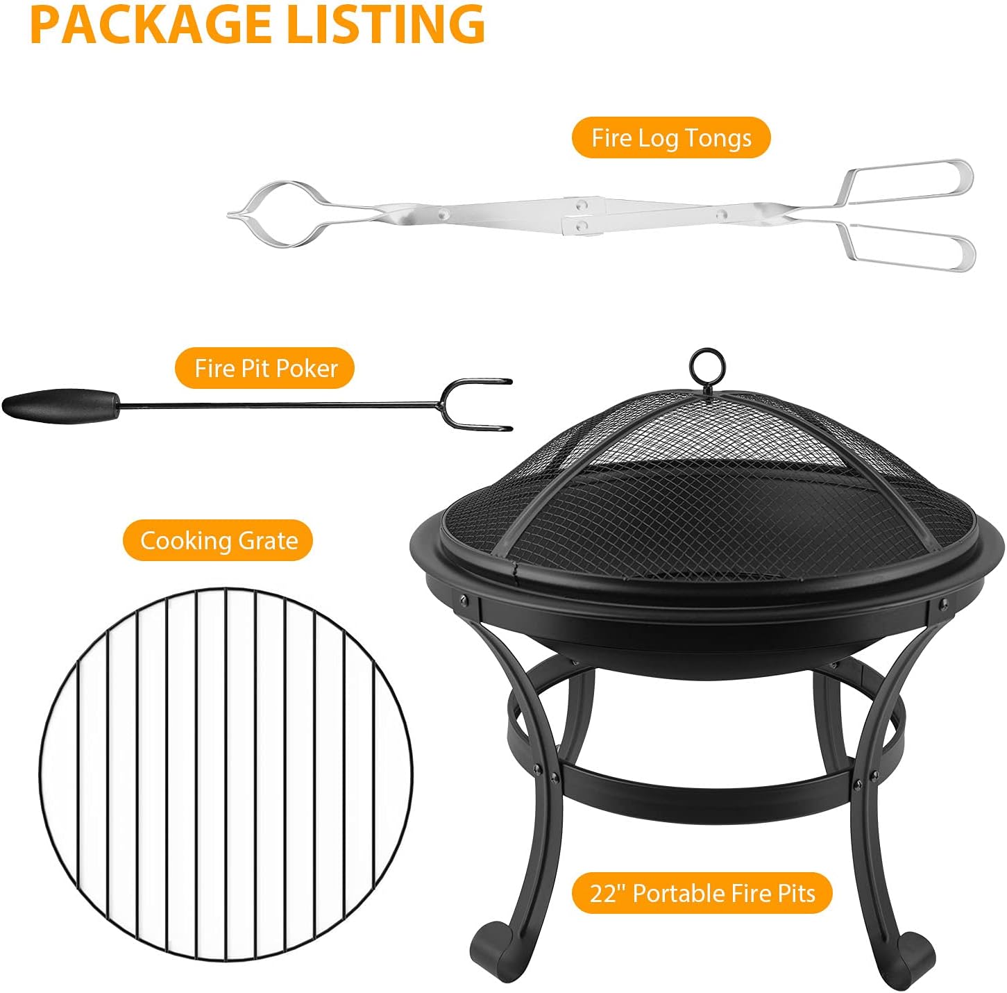 Outdoor 22 Inch Fire Pit Fireplace Steel Burning Patio Bonfire Bowl BBQ Grill Firepit with Spark Screen and Fireplace Poker for Backyard Garden Camping Bonfire Patio (22 Inch) : Garden & Outdoor
