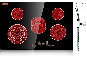 VEVOR Built in Electric Stove Top, 30 inch 5 Burners Ceramic Cooktop, 240V Glass Radiant Cooktop with Sensor Touch Control, Timer & Child Lock Included, 9 Power Levels for Simmer Steam Slow Cook Fry