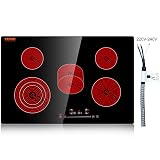 VEVOR Built in Electric Stove Top, 30 inch 5 Burners Ceramic Cooktop, 240V Glass Radiant Cooktop with Sensor Touch Control, Timer & Child Lock Included, 9 Power Levels for Simmer Steam Slow Cook Fry