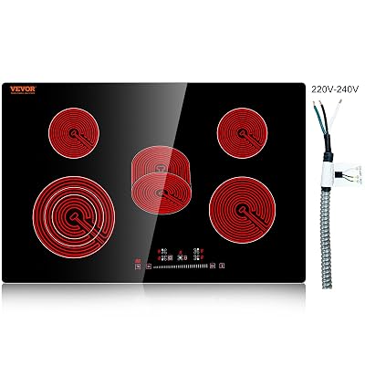 VEVOR Built in Electric Stove Top, 30 inch 5 Burners Ceramic Cooktop, 240V Glass Radiant Cooktop with Sensor Touch Control, Timer & Child Lock Included, 9 Power Levels for Simmer Steam Slow Cook Fry