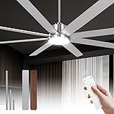 72Inch Large Brushed Nickel Ceiling Fans with Light and Remote Control,8 Wooden Blades,6-Speeed,3CCT,Quiet Reversible DC Motor,Indoor Outdoor Ceiling Fan for Patio/Living Room/Garden
