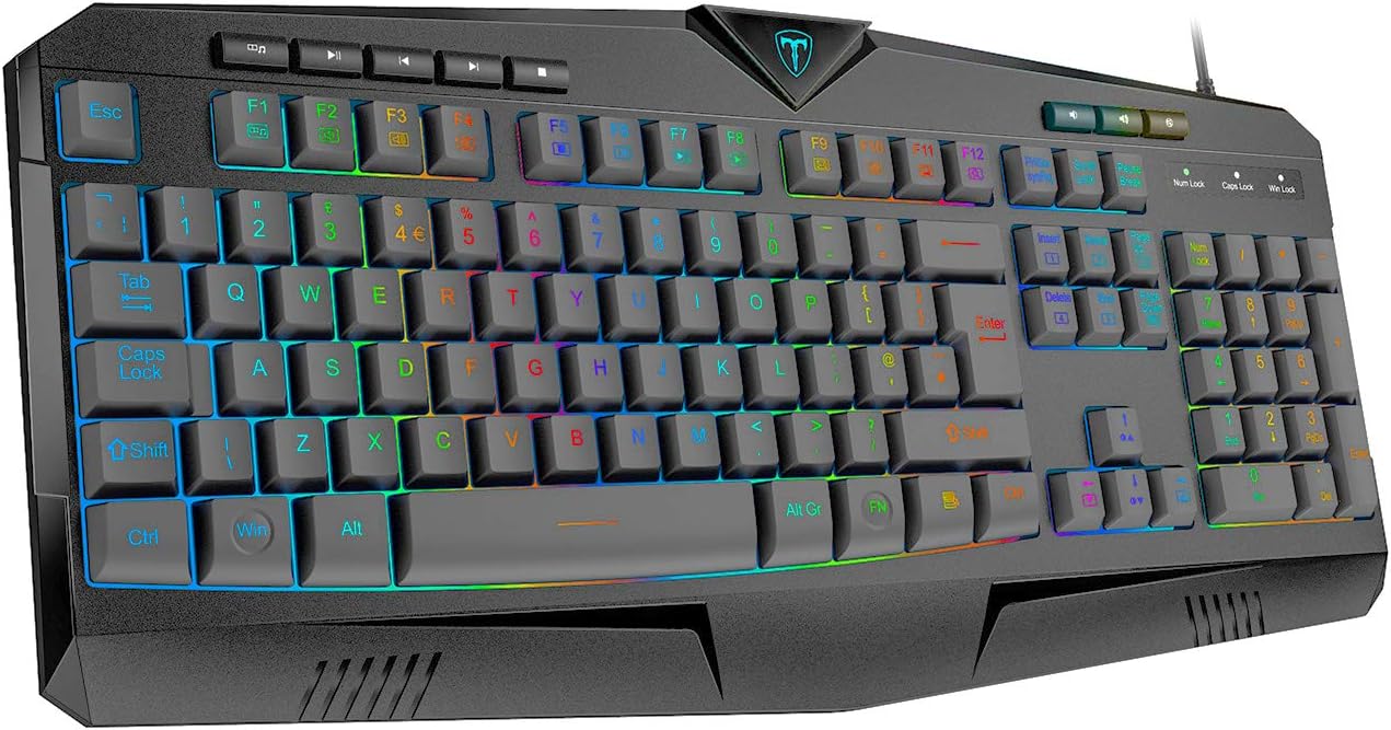 VicTsing Gaming keyboard, [UK Layout][19 Key Anti-ghosting, 14 Multimedia Keys] Rainbow LED Backlit USB Wired PC & Computer Keyboard, Ergonomic and Spill-Resistance for Gaming and Typing - Black