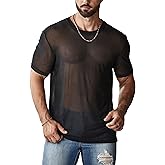 OYOANGLE Men's Sheer Mesh Short Sleeve Round Neck T Shirts Solid Plain See Through Party Tops