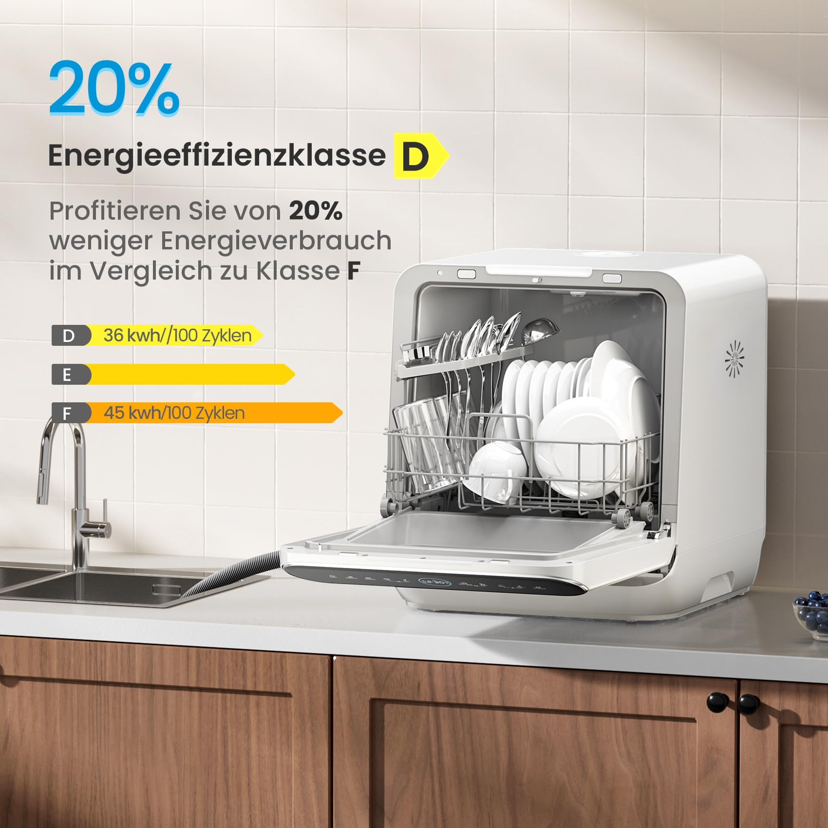 Midea Tischgeschirrspüler für 3 Gedecke, mit und ohne Wasseranschluss Verwendbar, IOT-Steuerung, 6+1 Programme, Touch Control, Mini Geschirrspüler für Wohnungen, Schlafsäle und Wohnmobile 2