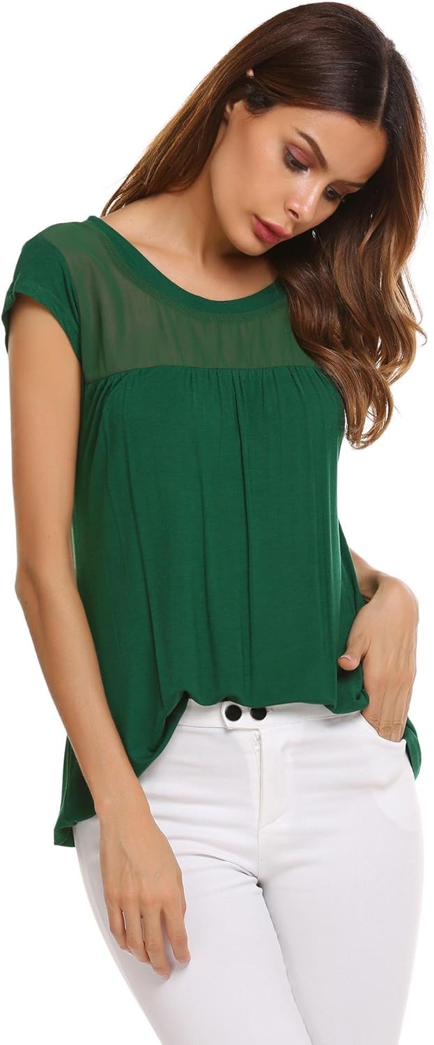 Zeagoo Womens Casual Loose Round Neck Cap Sleeve Top Chiffon Stitching Pleated Pullover Blouse