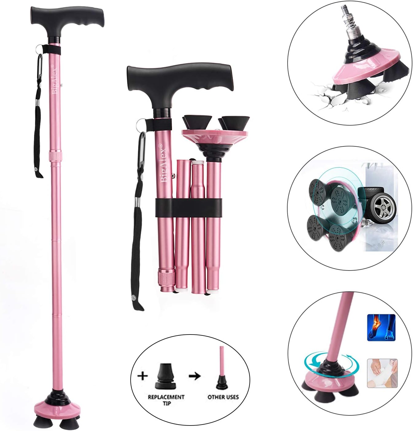 BigAlex Folding Cane with LED Light Walking Cane Adjustable