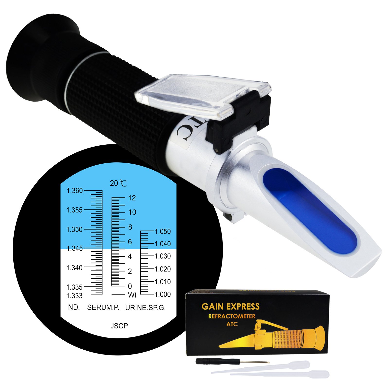 Tri-Scale-Serum Protein 0-12 g/100ml Clinical Refractometer ATC 1.000-1.050SG Refractive Index 1.333-1.360RI Urine Specific Gravity