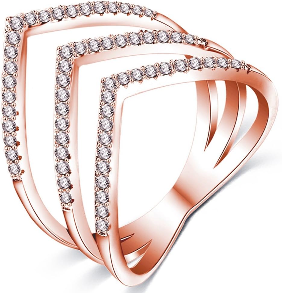 FENDINA Women 18K Rose Gold Plated Best Friend Rings Triple V Shaped Cubic Zirconia Paved Mid Finger Ring Size 7-10