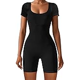 AURUZA Rompers for Women Workout Seamless Romper Yoga Ribbed One Piece Tank Tops jumpsuits Short Sleeve Tummy Control Rompers