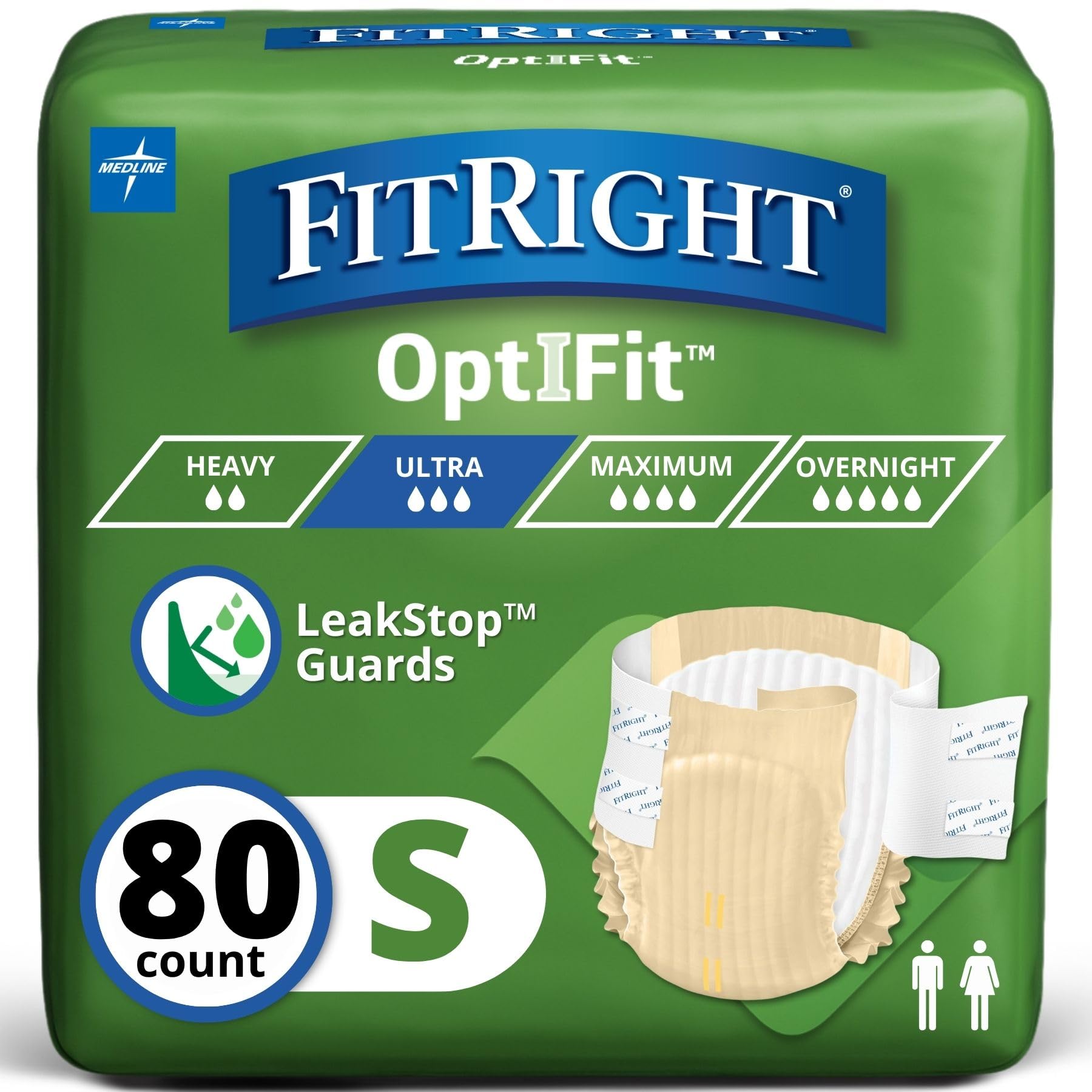 Photo 1 of FitRight Adult Diapers, Ultra Heavy Absorbency, S (Waist Size 20in-32in), 80 Count, OptiFit Incontinence Briefs for Men and Women, Disposable, Moisture-Wicking, Leak Protection,