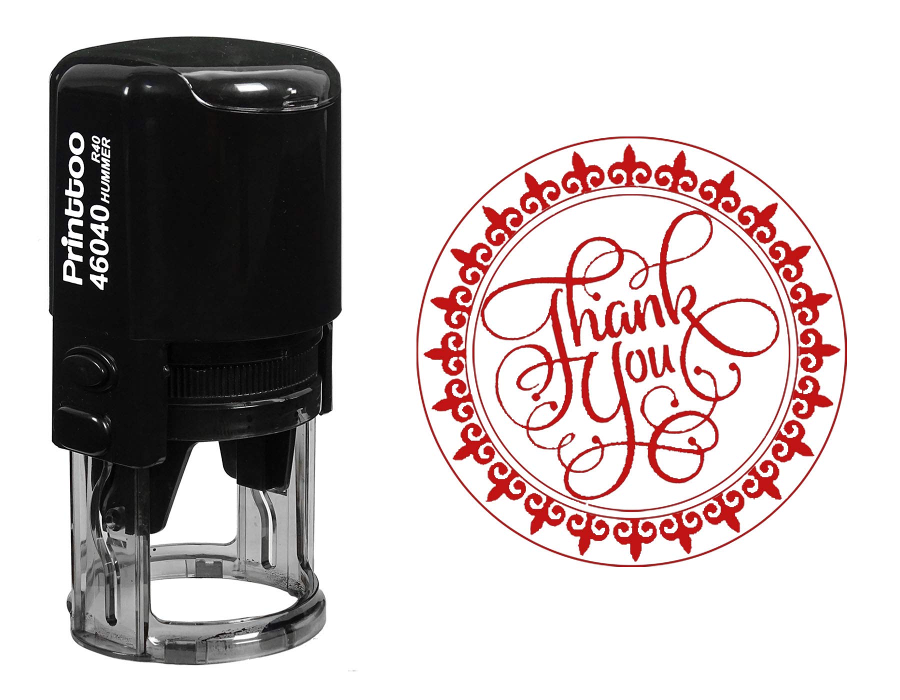 Printtoo Round Fleur De Lis Border Monogram Thank You Calligraphy Self Inking Rubber Stamp Gift Idea-Red