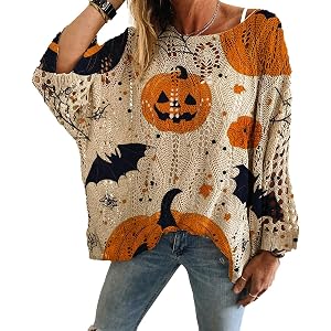 Women's Halloween Pumpkin Bat Hollow Out Knit Cover Up, Loose Boat Neck Long Sleeve All-Match Casual Sweater Top