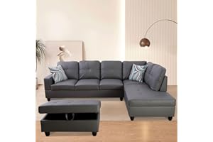 UOCFYK L-Shaped 3-Piece Semi PU Synthetic Leather Sofa with Storage Ottoman Set, Sectional Couch Sofa Set for Living Room, Office, Small Space, Dark Grey