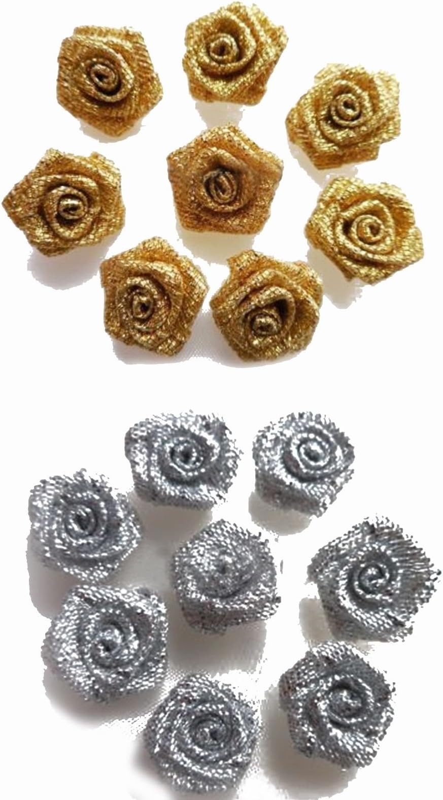 10 20 30 PK Small Mini Satin Ribbon Rose Buds Flowers Embellishment Gold Silver UK Accessories Attic (Metallic Silver) (30)
