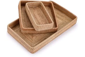 BTSKY Set of 3 Handmade Woven Rattan Serving Tray, Wicker Cosmetic Organizer Tray Coffee Serving Tray, Candy Vegetable Fruit 