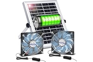 AEQ Solar Powered Fan with Battery Run Day/Night, 20W Solar Fan for Greenhouse Circulation with 10Ft On/Off Cable,Waterproof Solar Fan Exhaust Intake for Chicken Coop, Shed, Pet Houses,Ventilation