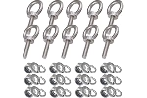 Abimars 304 Stainless Steel Machinery Shoulder Lifting Eye Bolt, 10 PCS M6 Extended Thread Lifting Eyebolts with Lock Nuts, Lock Washers, Flat Washers