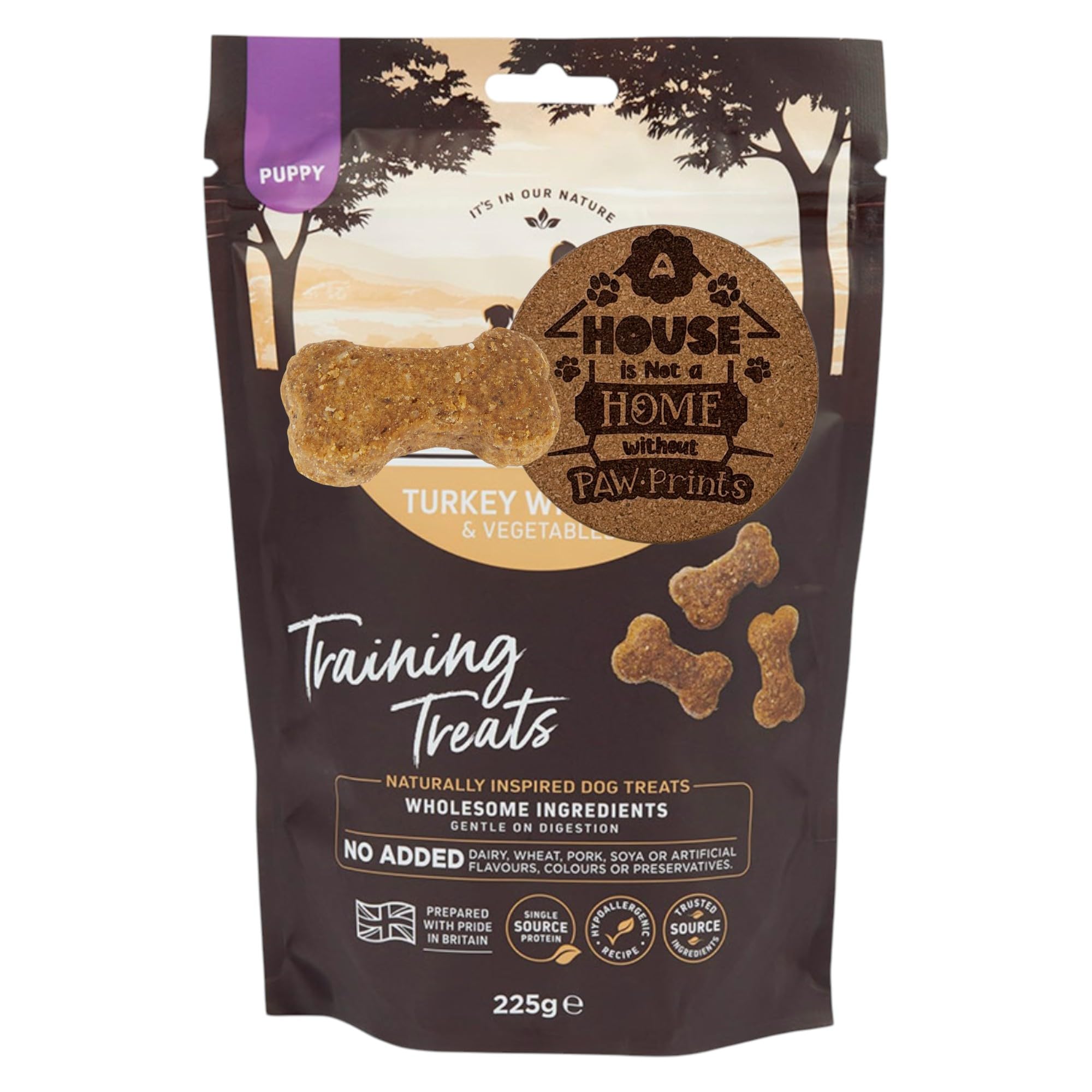 AETN Creations Puppy Training Dog Treat Bundle 750g in Turkey and Veg Hypo-Allergenic Snack for Puppies with AETN Exlusive Coaster