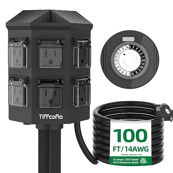 TIFFCOFIO OUTDOOR POWER STRIP WATERPROOF, 24 HOUR MECHANICAL TIMER, 6 FT EXTENSION CORD, 6 GROUNDED OUTLETS FOR OUTDOOR LIGHTS, ETL LISTED (100 FT)
