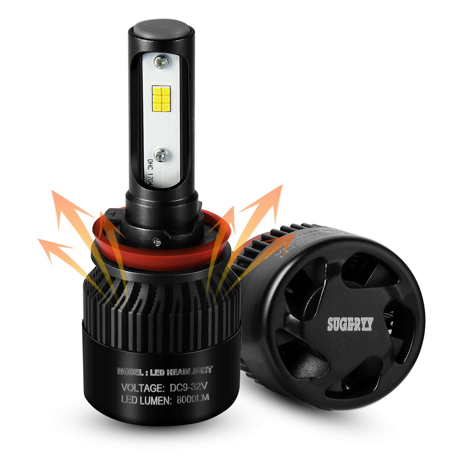 SUGERYY Extremely Bright H11 H8 H9 CSP Chip 72W 8000LM 6000K LED Headlight Bulbs, Xenon White