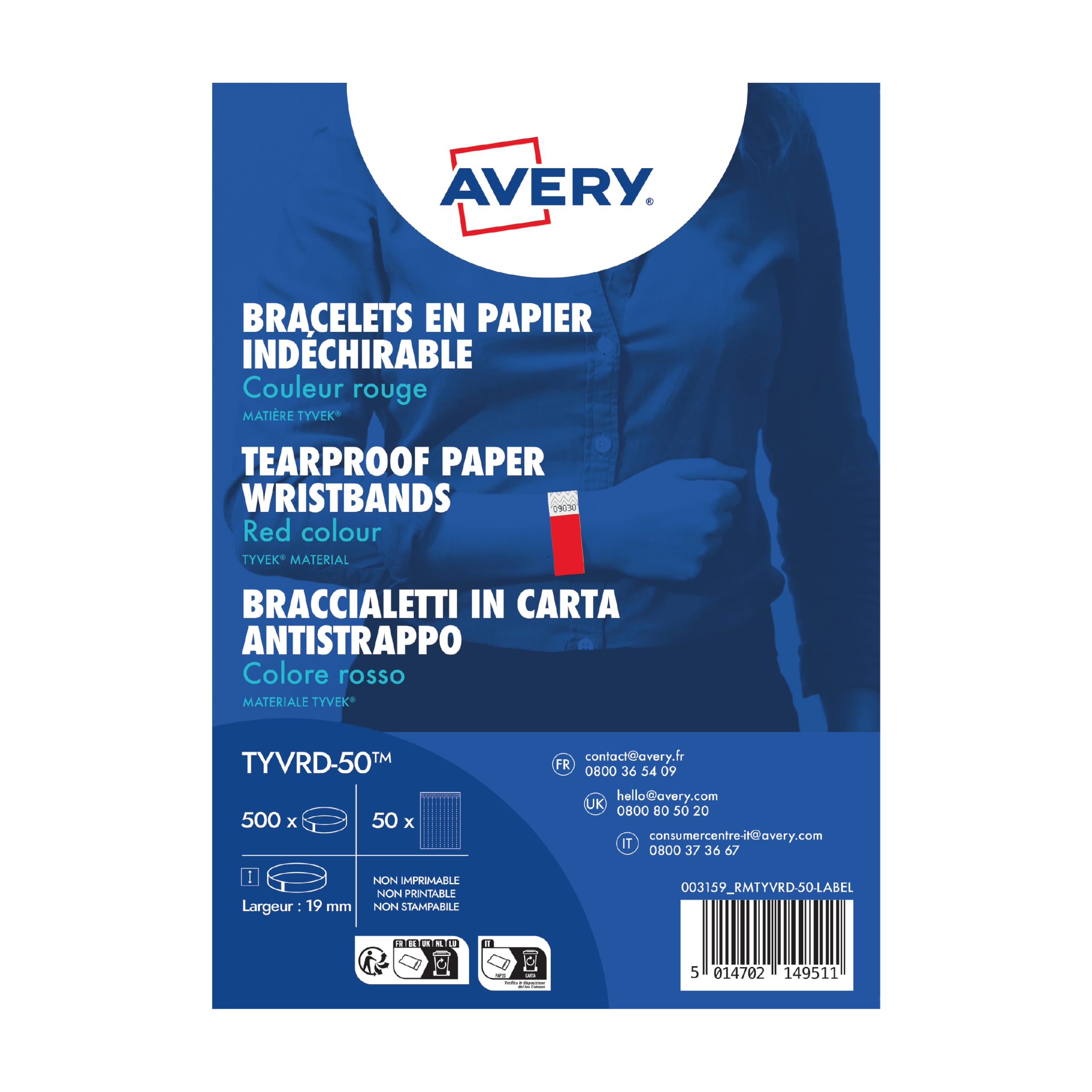 Avery Tyvek Paper Bracelets/Wristbands - Red- Tear-Proof - Ideal for Events,Ideal for Events, Parties, Celebration TYVRD-50