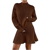 MakeMeChic Women's Sweater Skirt Sets 2 Piece Outfits Ribbed Knit Mock Neck Sweater Pullovers A Line Mini Skirt Set