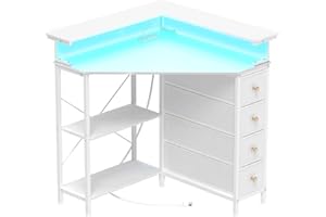 Corner Computer Desk with Drawers & Shelves, 90° Small Space Triangle Desk with Power Outlets & LED Lights, Gaming Writing Ta