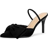 LOOPCHARM Women's Closed Pointed Toe Slingback Pumps with Big Bow Elastic Strap 3.5 Inch Stiletto Heels Dress Shoes