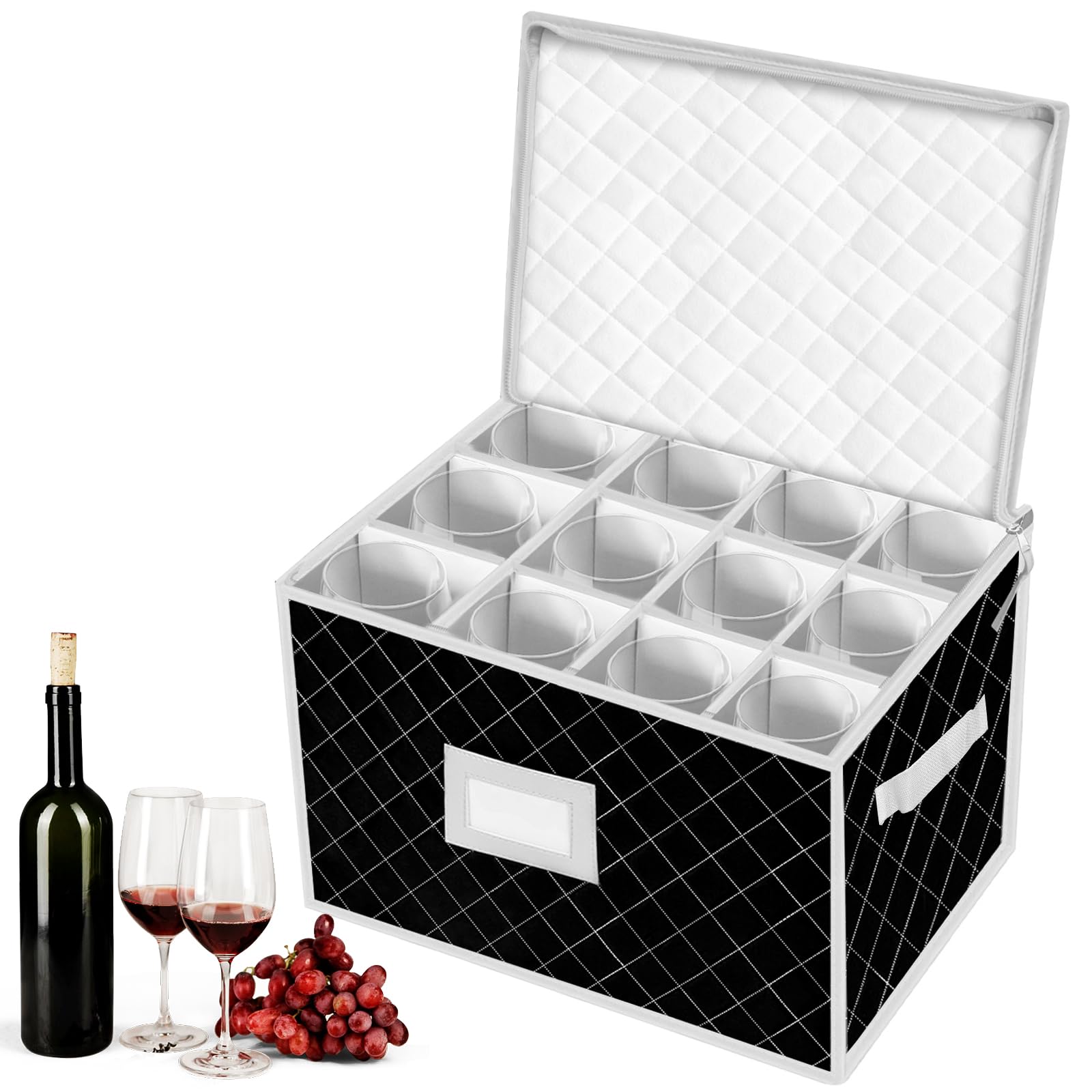 VERONLY Wine Glass Storage Box with Lid - Stemware Storage Cases with 12 Dividers for Crystal Glassware Moving, Kitchen, Camping, Party, Travelling, Caravan (Black)